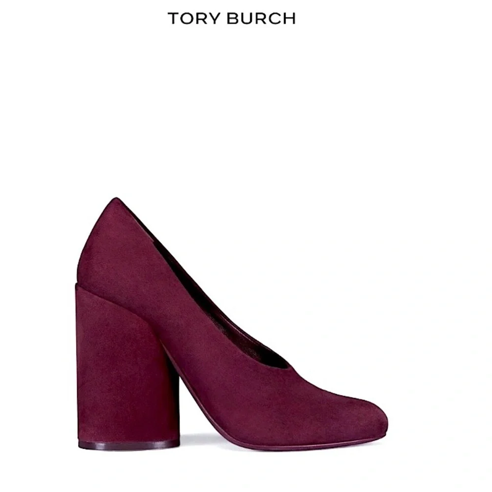 Tory Burch Leather Suede Chunky Block Heel Pumps Size 7.5 Burgandy